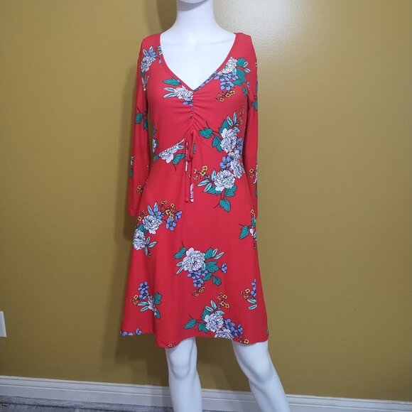 Bobbie Brooks Long Sleeve Floral Red A Line Dress S Boho Stretchy - Picture 1 of 6